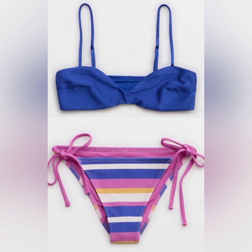 NWT Aerie FULL SET Shine Rib Bandeau Scoop Bikini Top + Tie Bottom Blue Stripe